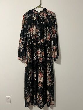 Floral Long Sleeve Maxi Dress - Black with Pink Floral